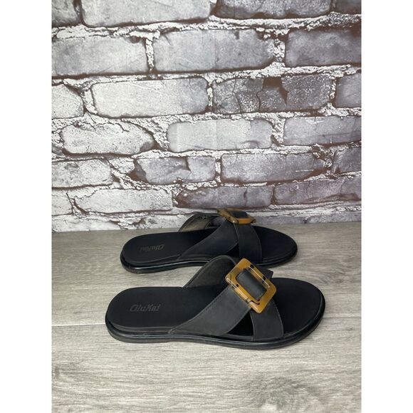 OluKai La'i Slide Black Leather Leopard Beach Sandals Women Sz 8M US/38EU - Picture 6 of 16